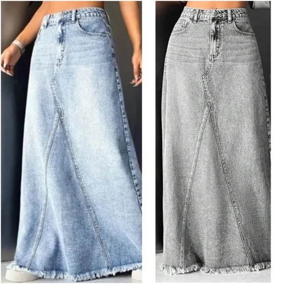 Boho Light Blue Raw hem Jean Denim Pockets Maxi Skirt - Picture 2 of 11